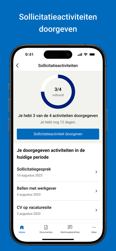UWV - UWV app screen displaying job application activity progress and reported tasks