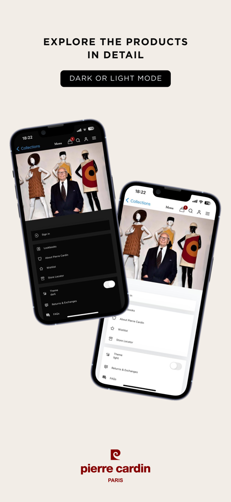 Pierre Cardin Paris - Pierre Cardin Paris shopping app interface showing dark and light mode themes with fashion collections.