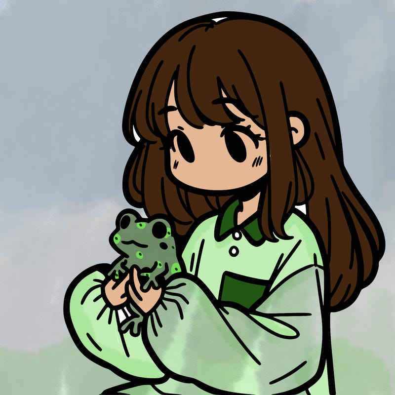 girl with long hair and a oversized shirt. and she is holding a frog