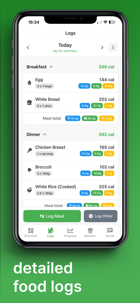 Captura de pantalla de la aplicación ChowTracker que muestra registros de alimentos diarios detallados con seguimiento de calorías y macros