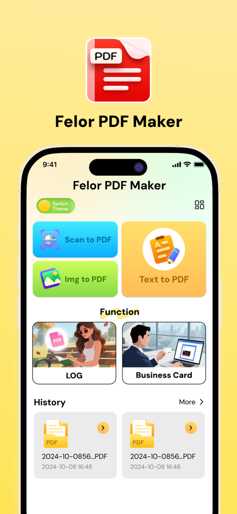 Felor PDF Maker-Save&View - Interfaz principal de la aplicación Felor PDF Maker mostrando opciones para escanear, imagen a PDF y plantillas de tarjetas de presentación