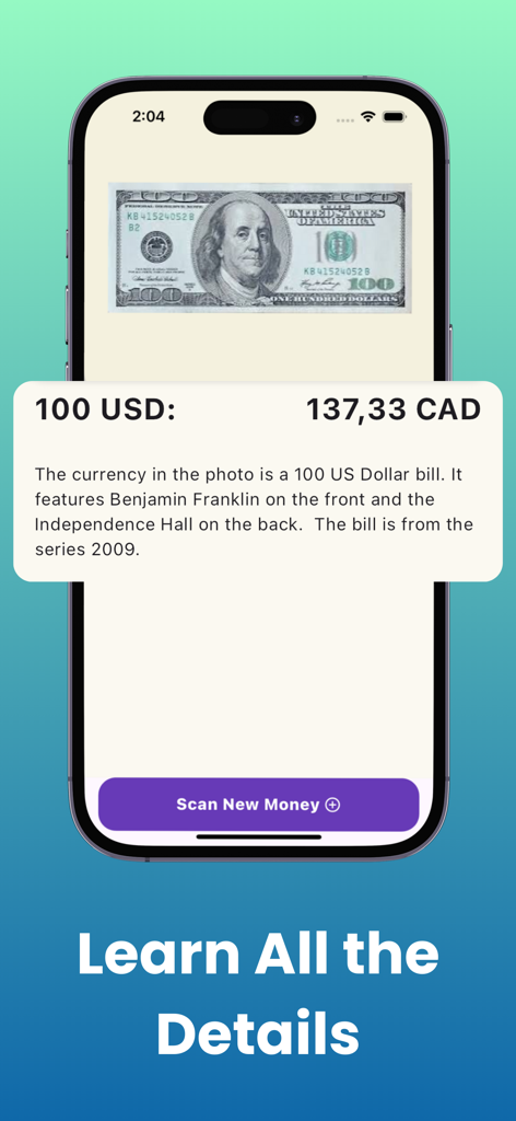 Screenshot of the BankAI app showing identification and conversion details for a 100 US Dollar bill