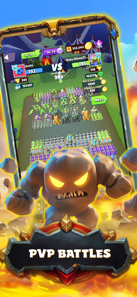 Mobile game screenshot of Tiny Legends RPG showing a PvP battle screen with a large glowing stone golem in the foreground and opposing armies.