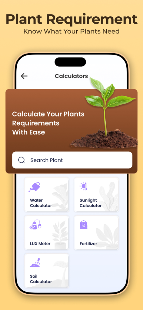 Plantora- Plant Identify, Care - Plantora app interface displaying plant requirement calculators for water sunlight lux meter fertilizer and soil