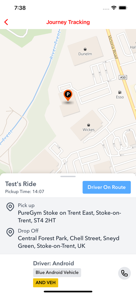 Lucky Seven Taxis app journey tracking screen showing pickup and drop-off locations on a map with driver status