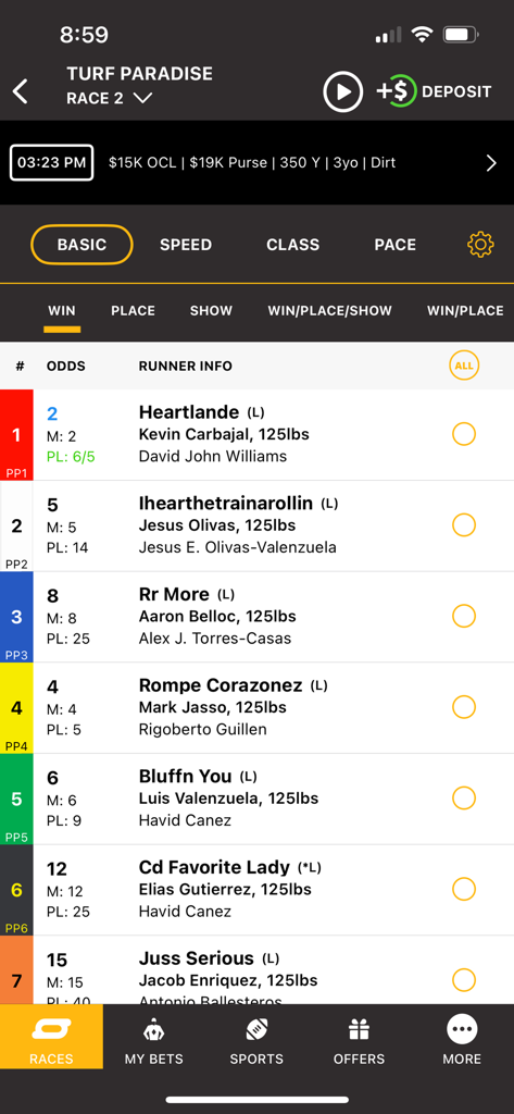 OaklawnAnywhere - OaklawnAnywhere app interface showing horse race betting odds and runner information for Turf Paradise.