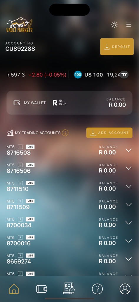 Vault Markets - Vault Markets mobile app interface displaying a dashboard with multiple MT5 trading accounts and a wallet balance in South African Rand.