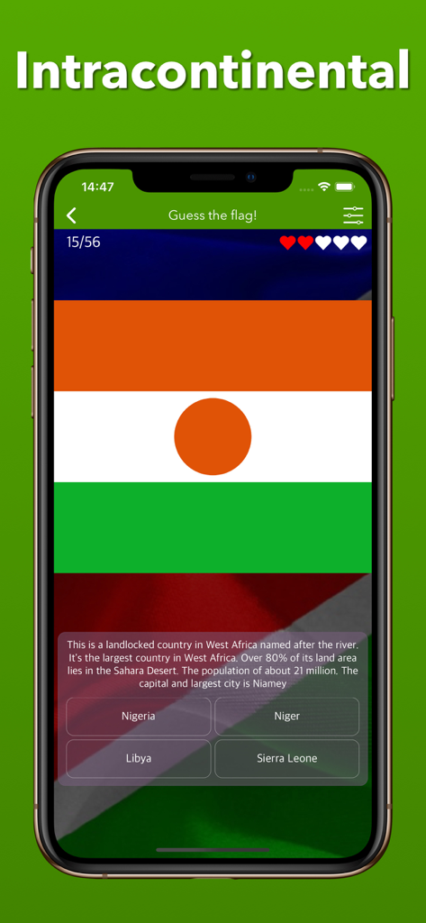 Africa: Flags & Geography Maps - A geography quiz screen showing the flag of Niger with multiple choice options and a brief country description.