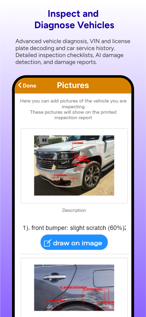 ARI (Auto Repair Software) - ARI auto repair app interface for vehicle inspection and AI damage detection on car photos