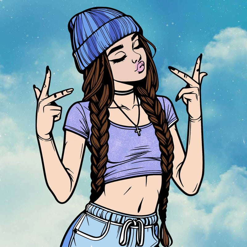 realistic teenage girl with braids and a beanie and crop top doing 🫶🏼