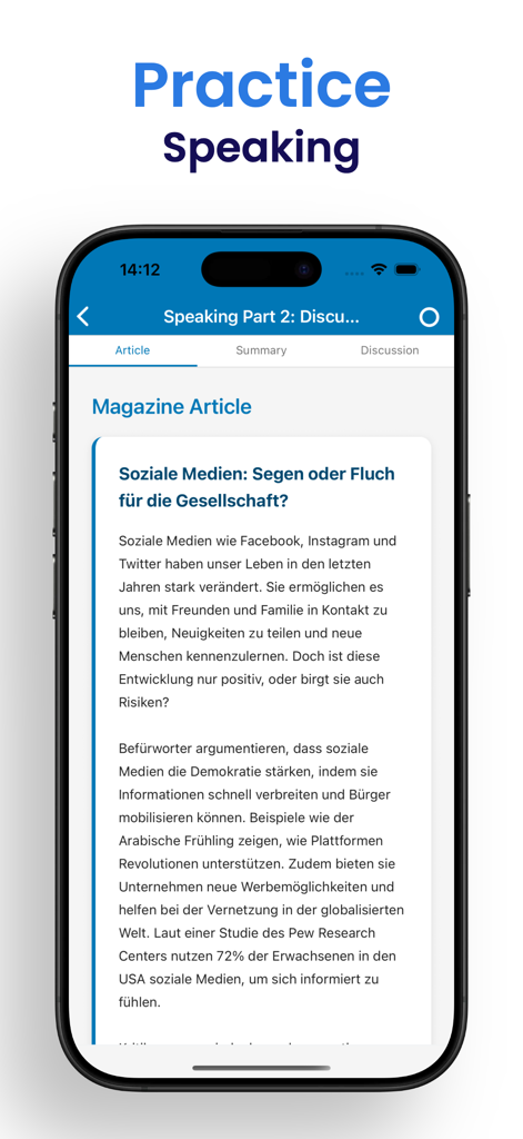 German Exam Prep | B2 Prüfung - A mobile app screen showing a German B2 speaking practice exercise with a magazine article about social media.