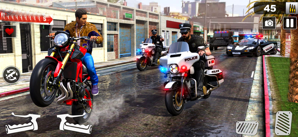 Police Moto Bike Chase Crime - Una motocicleta haciendo un caballito en una calle de la ciudad mientras es perseguida por oficiales de policía en moto