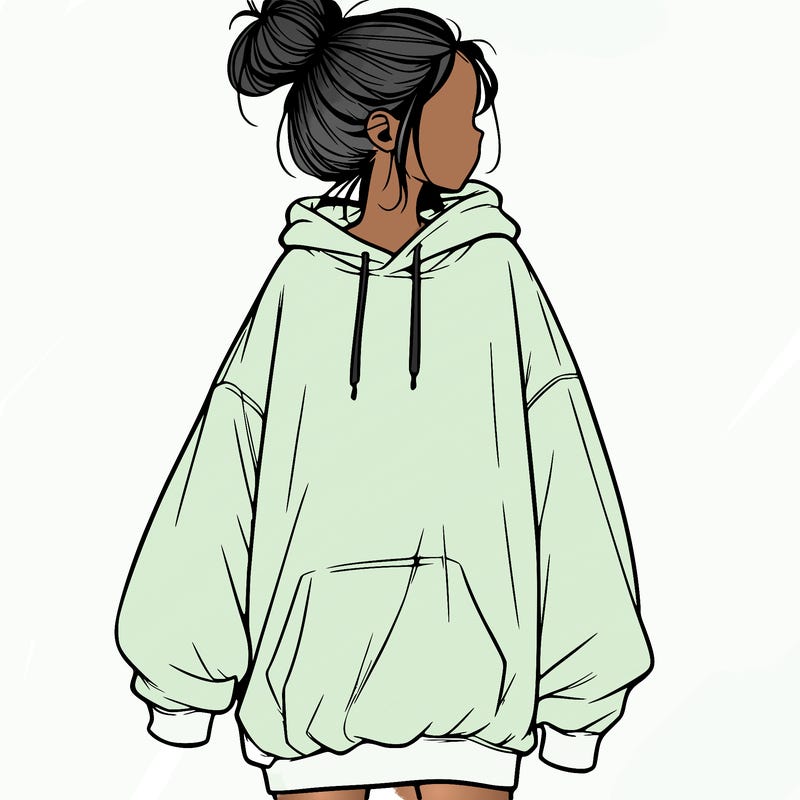 realistic girl with a oversized sweatshirt on and a bun