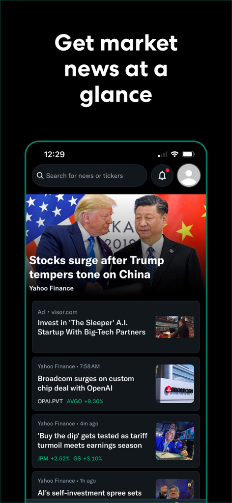 Yahoo Finance: Stocks & News - Feed de noticias de la aplicación móvil Yahoo Finance con titulares del mercado de valores