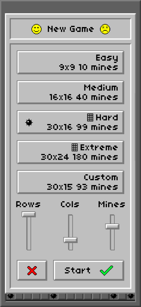 Minesweeper Classic: Retro - Menu Nouvelle partie pour Démineur Classique Rétro montrant la sélection de difficulté et les paramètres personnalisés dans une interface Windows nostalgique