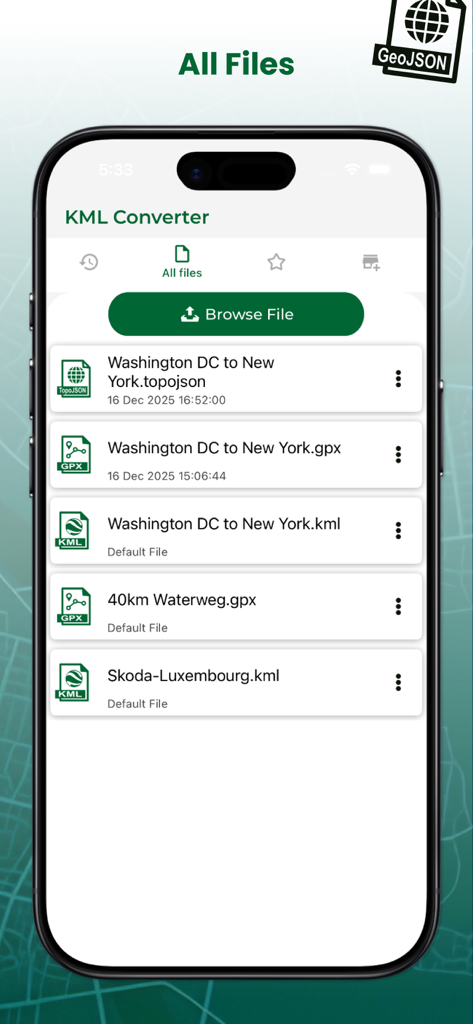 KML Viewer and Converter - KML Viewer app interface displaying a list of geospatial data files