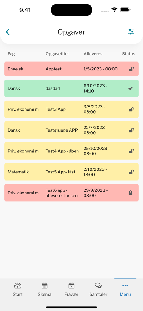 Studie+ - A list of school assignments in the Studie plus app showing subjects deadlines and completion status with color coded rows