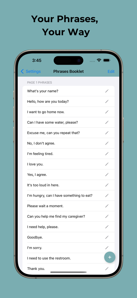 Eye Tracking Speech- GazeyTalk - Pantalla de la aplicación GazeyTalk que muestra una lista de frases personalizables para la comunicación CAA.