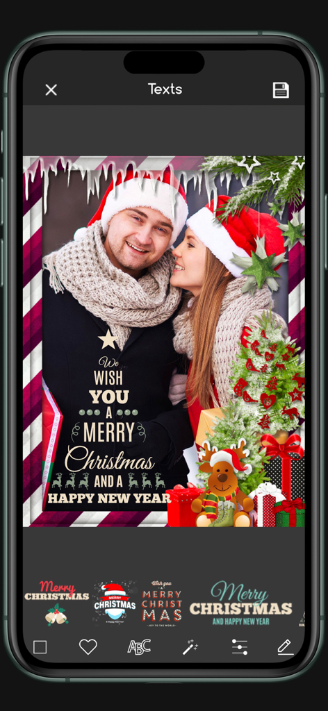 A mobile app interface displaying a Christmas-themed photo edit with a festive frame and holiday greetings