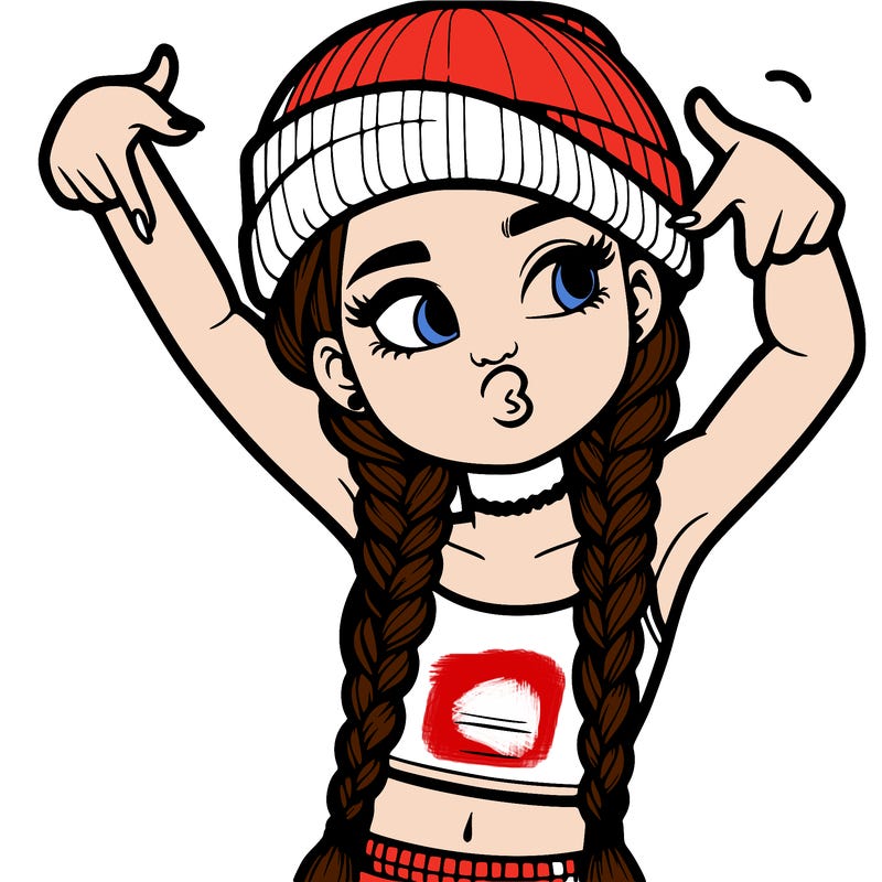 realistic teenage girl with braids and a beanie and crop top doing 🫶🏼