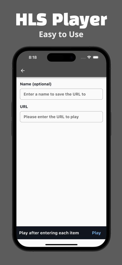 HLS Player - M3U8 Streamer - Interfaz de usuario de HLS Player para ingresar una URL de transmisión M3U8.