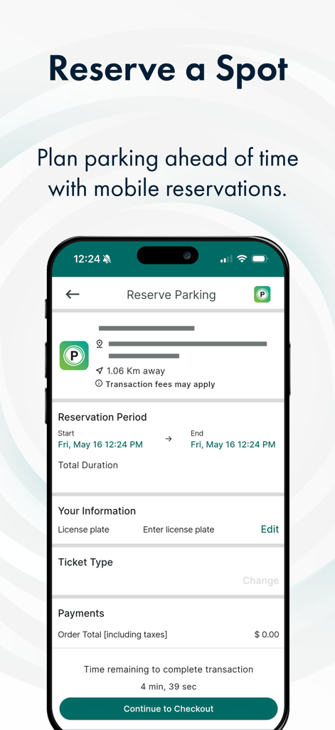 Parkedin™ - Pantalla de la aplicación móvil para Parkedin que muestra la función de reservar una plaza con fechas de reserva y entrada de matrícula