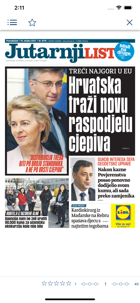 Hanzamedia e-kiosk - Primeira página do jornal Jutarnji list exibida na aplicação Hanzamedia e-kiosk