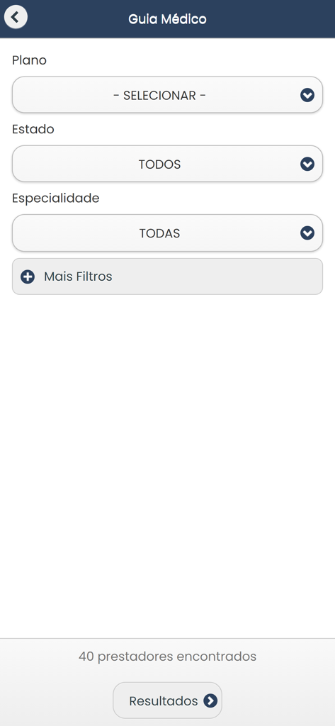 Unity Saúde - Unity Saude app medical guide search interface with provider filters