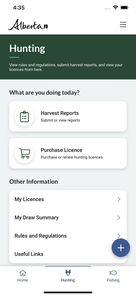 AlbertaRELM mobile app hunting dashboard for licenses and harvest reports
