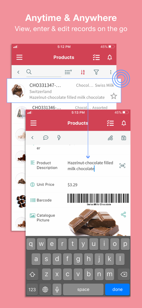 Interfaz móvil de la base de datos Ragic que muestra el seguimiento del inventario de productos y la edición de registros