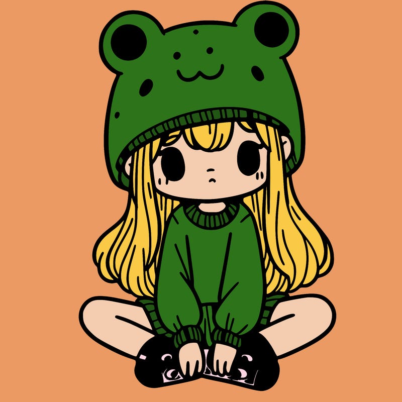 a girl wearing a frog hat and some frog socks