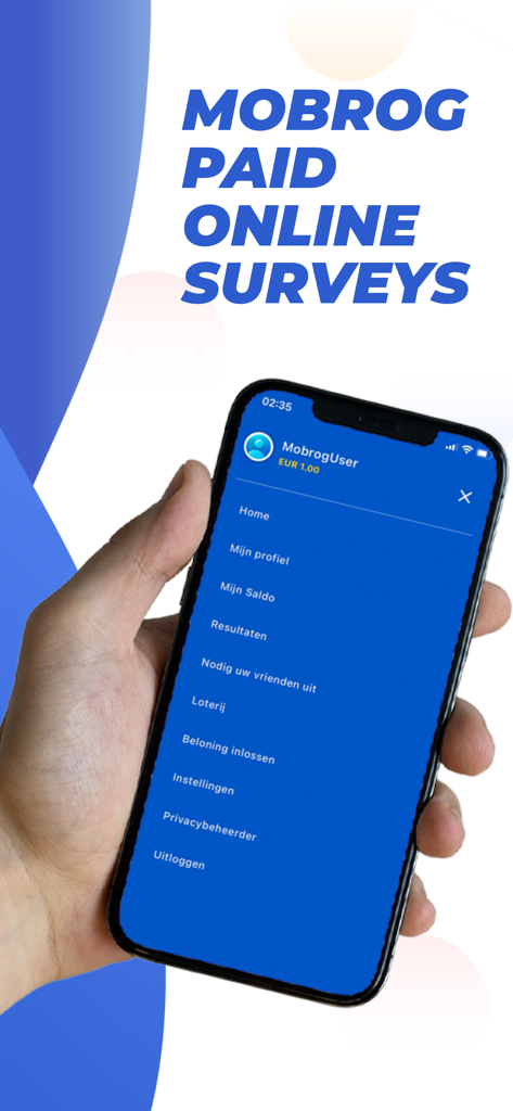 MOBROG - A hand holding a smartphone showing the MOBROG paid online surveys app menu.