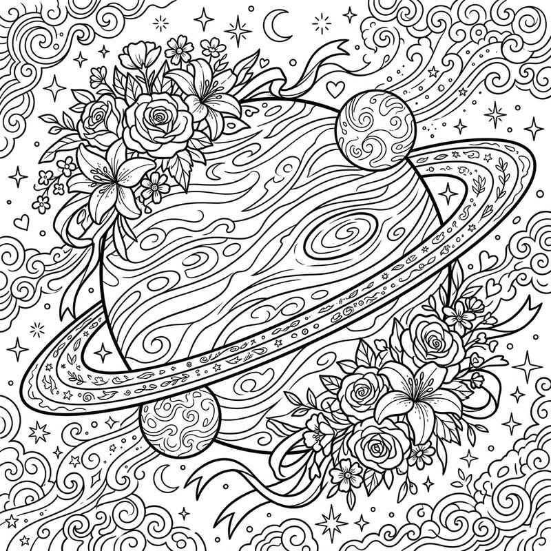 Explore the wonders of the cosmos combined with heartfelt affection in this unique Neptune Mother's Day coloring page. Featuring a celestial body adorned with lush bouquets and intricate cosmic details, it's a stellar way to show appreciation.