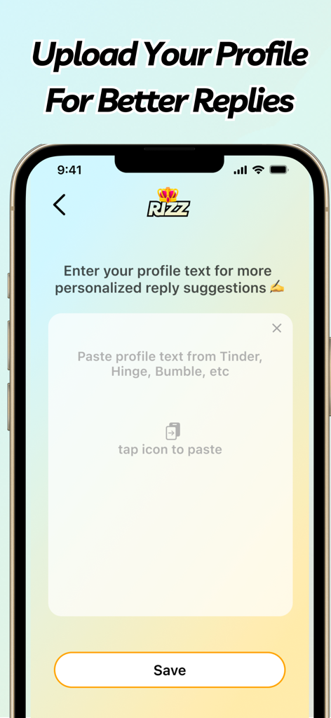 Rizz AI - Dating Wingman Plug - Uno screenshot dell'interfaccia dell'app Rizz AI che mostra un campo per incollare il testo del profilo di appuntamenti da Tinder Hinge o Bumble per suggerimenti di risposte personalizzati dall'IA.