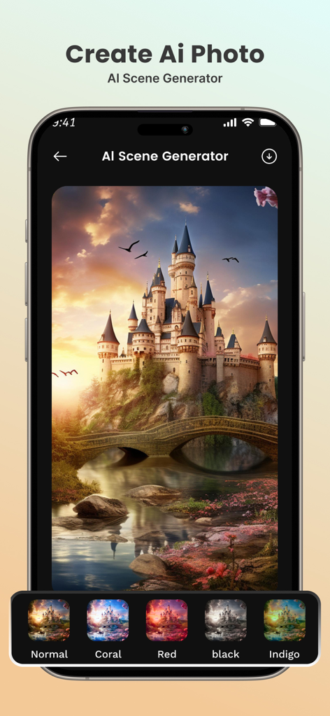Create AI - Interface de l'application Create AI montrant la fonction de générateur de scènes IA avec une scène de château fantastique.