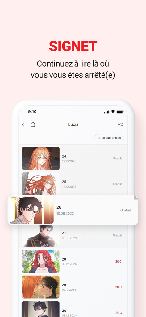 Interfaz de la app LEZHIN ES mostrando la función de marcador para reanudar la lectura de la serie webtoon Lucia