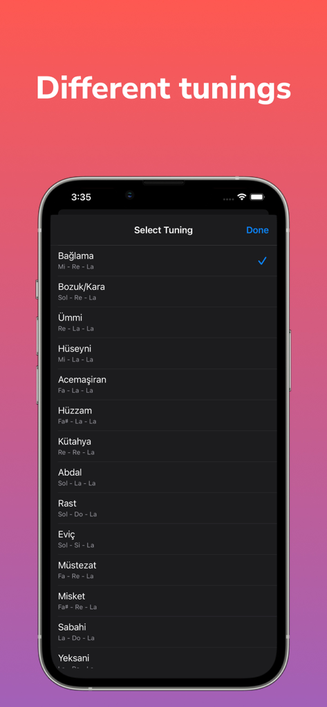 Baglama Tuner app interface showing a list of different traditional tuning options for the saz instrument