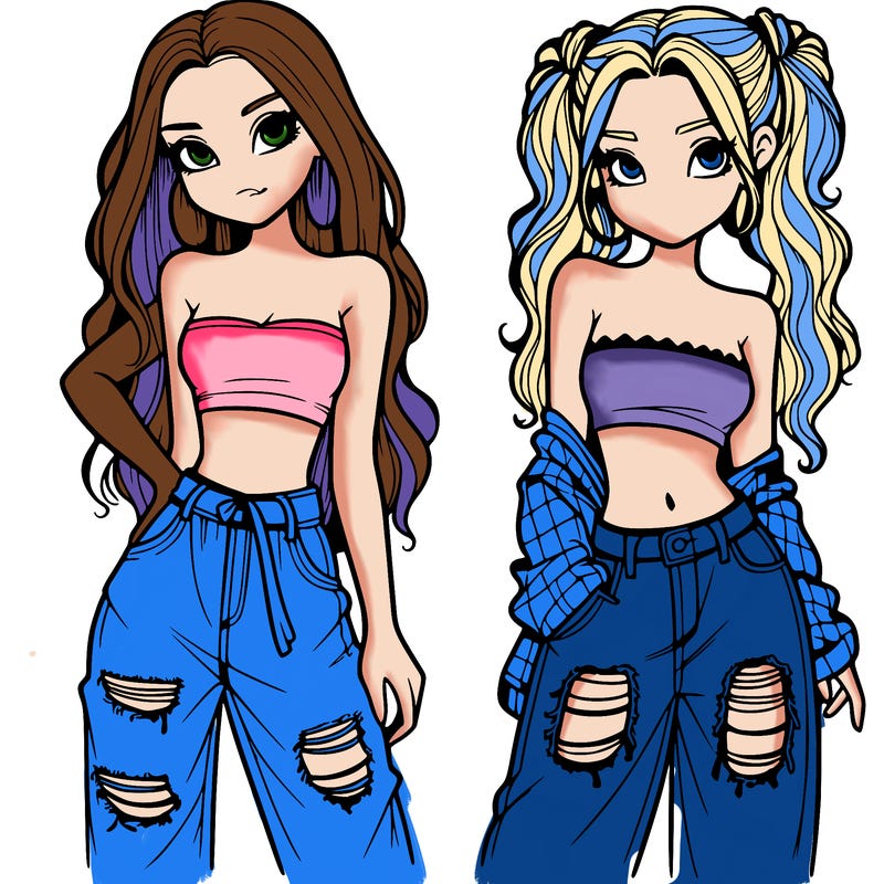 2 girls in crop tops and baggy jeans ripped