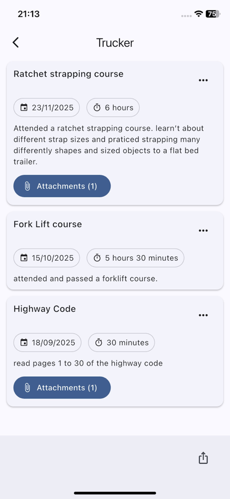 CPD Progress Tracker - A mobile interface of the CPD Progress Tracker showing a list of logged professional development activities including course names dates and hours