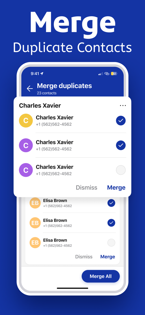 Interface do aplicativo Ai Cleaner Pro mostrando o recurso para mesclar contatos duplicados para otimização de armazenamento do iPhone
