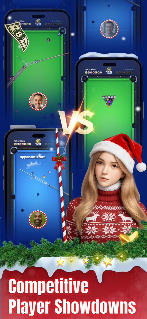 Competitive player showdowns in 8 Ball Strike pool game with a festive winter holiday theme