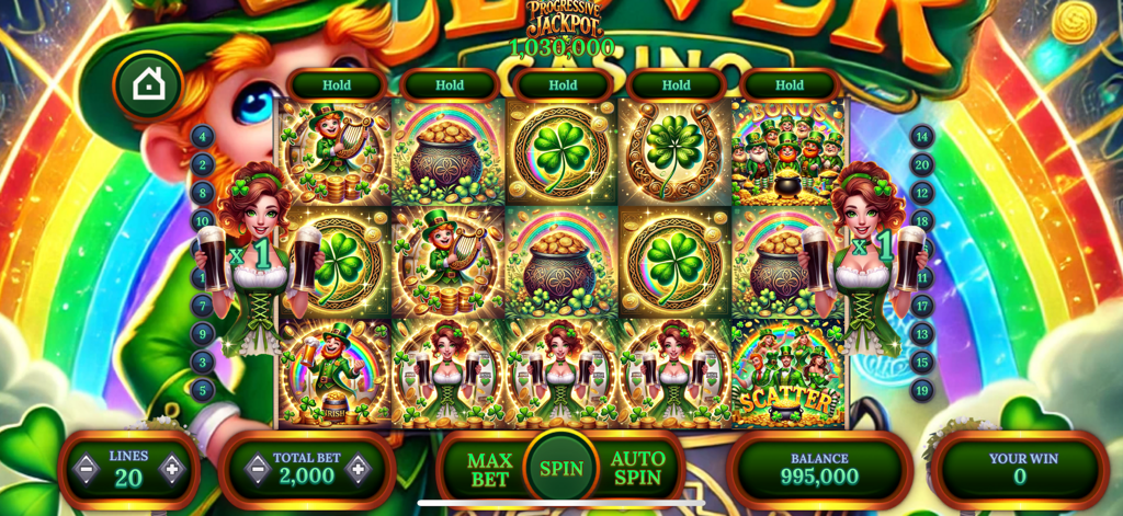 Lucky Clover Casino Irish themed slot machine gameplay interface