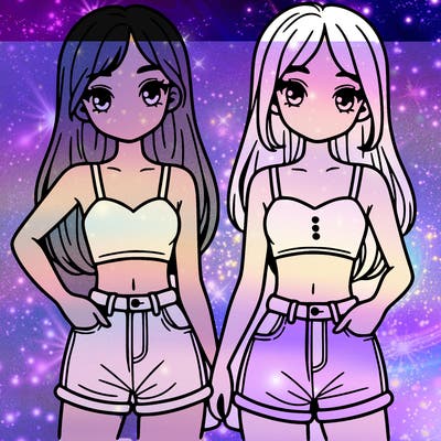 two sisters with crop tops and jean shorts and straight hair