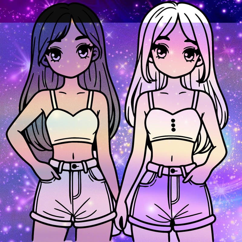 two sisters with crop tops and jean shorts and straight hair