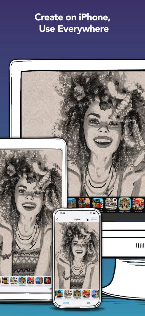 BeCasso: Photo to Painting App - Benutzeroberfläche der BeCasso-App zeigt ein in eine Bleistiftskizze verwandeltes Porträt einer Frau auf iPhone- und Mac-Bildschirmen.