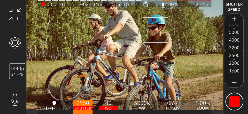 ProMovie Recorder + - ProMovie Recorder plus app interface showing manual shutter speed and focus controls for cinematic mobile video recording