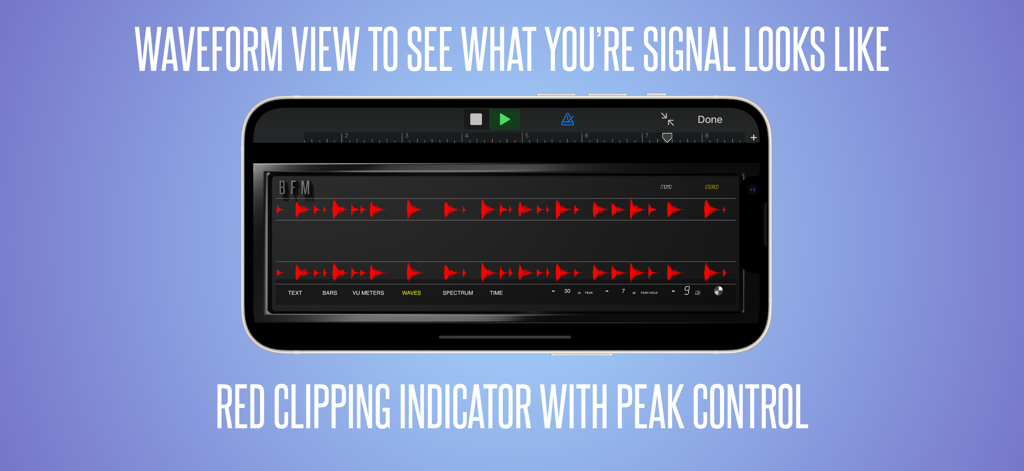 BFM - Metering Suite - Application BFM Metering Suite affichant une forme d'onde rouge avec des indicateurs d'écrêtage sur un smartphone