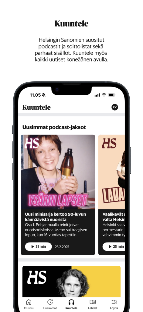 HS – Helsingin Sanomat - The Listen section of the HS - Helsingin Sanomat app featuring various Finnish podcasts.