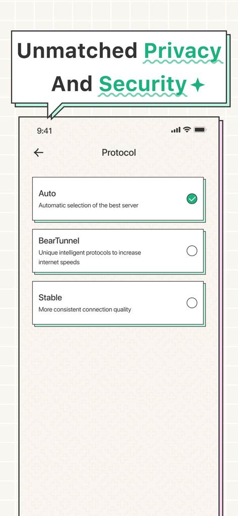 Interface do aplicativo Speed VPN mostrando diferentes protocolos de conexão, incluindo Auto, BearTunnel e Stable
