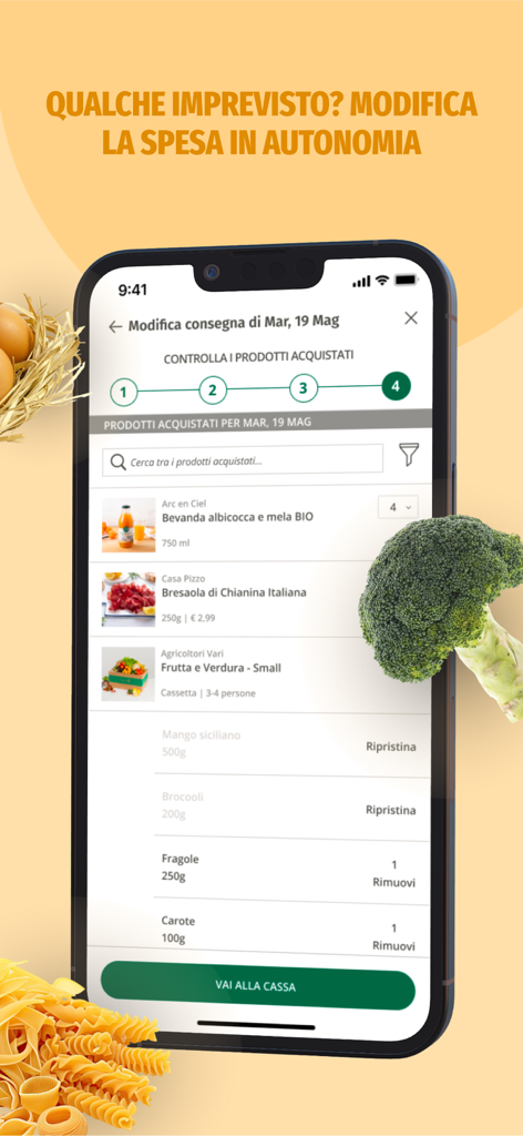 Cortilia - Spesa Online - Smartphone showing the Cortilia app interface for modifying a grocery delivery order with fresh produce
